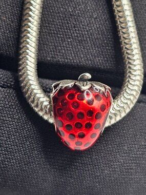 Sterling Silver 925 Rhodium Plated Red Strawberry Charm